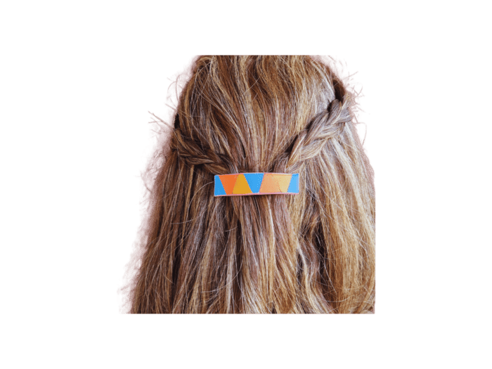 barrette moyenne - cuir bleu orange/jaune/bleu - finition rose - maroquinerie artisanale Haute-Savoie