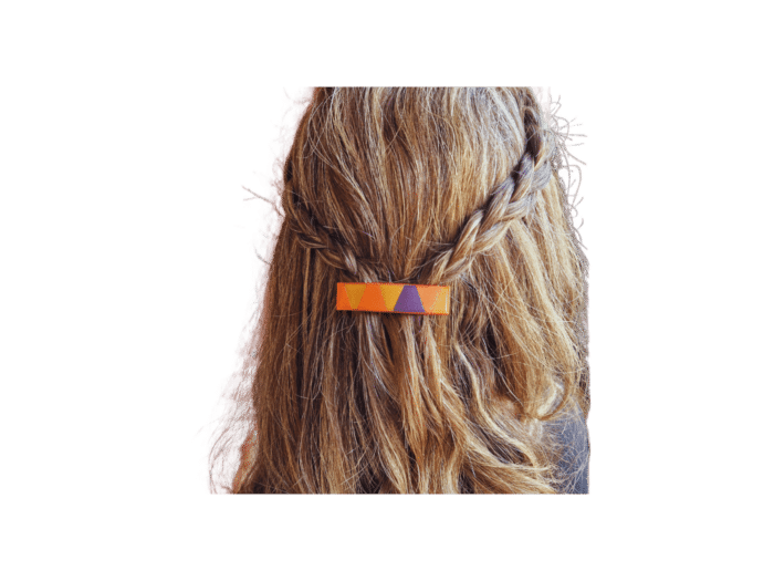 barrette moyenne - cuir orange/jaune/aubergine - finition rouge - maroquinerie artisanale Haute-Savoie