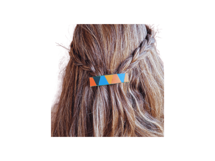 barrette moyenne - cuir orange/bleu/jaune/vert - finition vert - maroquinerie artisanale Haute-Savoie