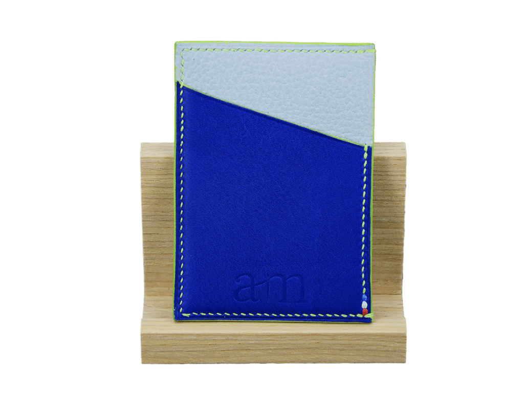 dos porte carte suzy acier - cuir gris/bleu ciel/bleu electrique - maroquinerie artisanale haute-savoie