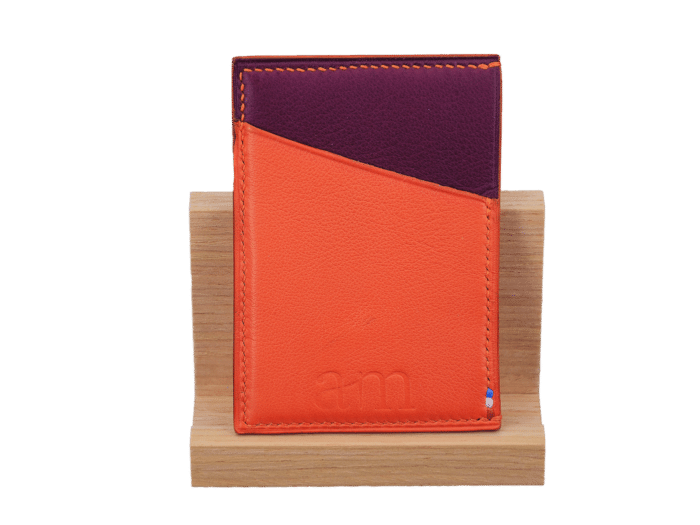 porte carte suzy corail - cuir bordeaux/orange/rose brillant - maroquinerie artisanalehaute-savoie