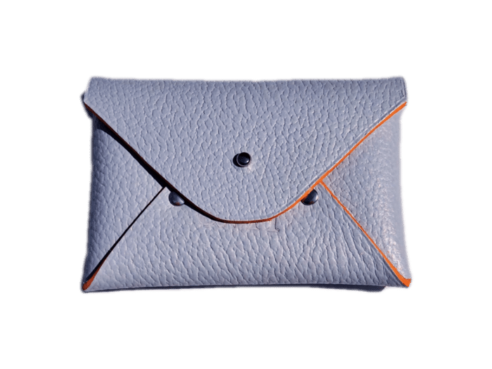 porte cartes enveloppe - cuir gris - finition orange - maroquinerie artisanale Haute-Savoie