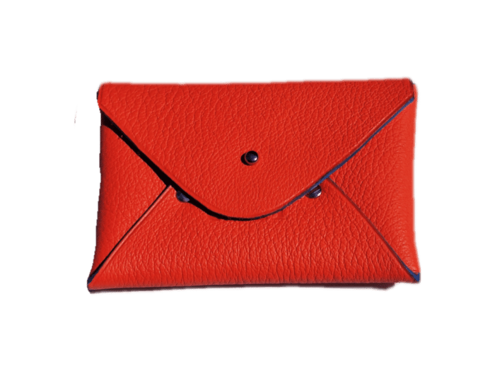 porte cartes enveloppe - cuir orange sanguine - finition bleu roi - maroquinerie artisanale Haute-Savoie