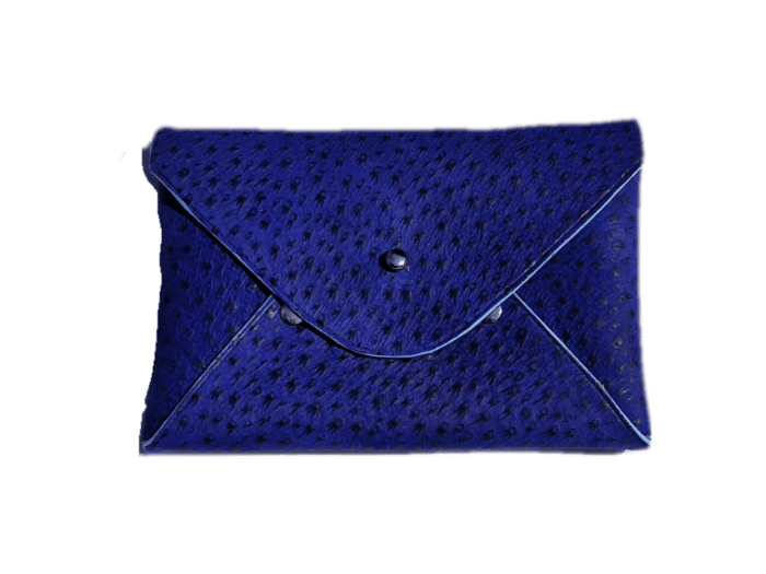 porte cartes enveloppe - cuir imitation pecari bleu nuit - finition bleu ciel - maroquinerie artisanale Haute-Savoie