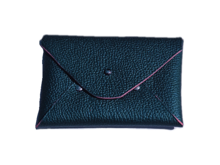 porte cartes enveloppe - cuir vert petrole - finition rose - maroquinerie artisanale Haute-Savoie